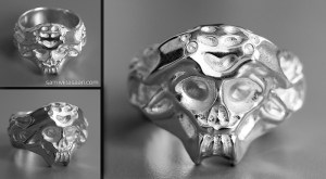 Hopeinen sormus pääkallolla. Korun suunnittelussa on käytetty 3D-mallinnusta sekä cnc-jyrsintä, jonka avulla on jyrsitty sormuksesta valumalli. Sami Viitasaari 2014.